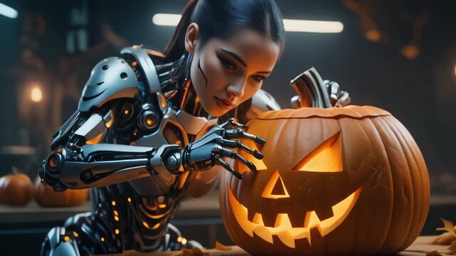 Cyborg carves a Halloween pumpkin, A cyborg skillfully carves a Halloween pumpkin, showcasin.