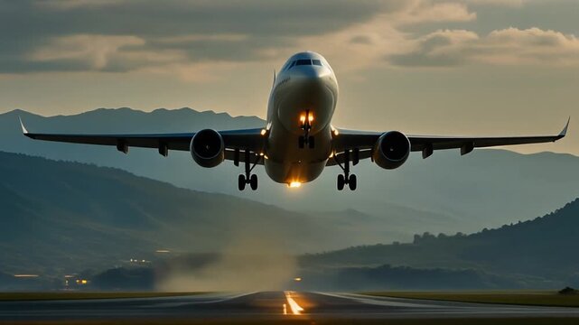 Soaring Ascent- An aircraft elegantly touches down on a runway, silhouetted against a backdr.