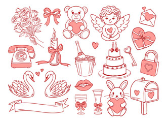 Fototapeta premium Sweet Valentines Day line art icons set. Romantic collection of hand drawn love elements.