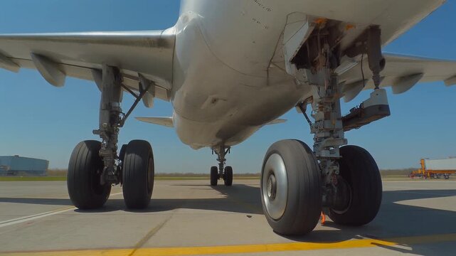 Commercial airliner underbelly with retracted landing gear and powerful jet engine on sunny .