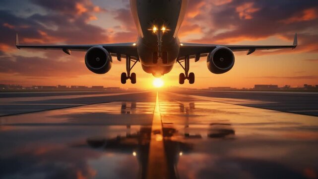 Commercial airplane on runway at sunset with reflections on wet tarmac 
