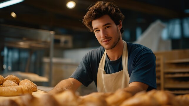 Commercial food production operates efficiently in a bakery, combining manual techniques with modern equipment for large scale baking. cinematic color correction, natural uneven lighting yet gentle - Powered by Adobe