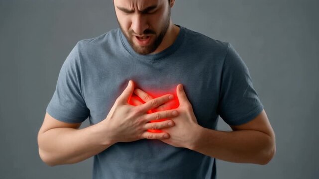 Man holds chest feels heartburn. Person experiences burning sensation. Concept for acid