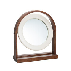 Tilting table mirror with wooden frame, 1960s. Photographed on a white background.