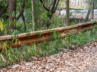 錆びて劣化した山道のガードレール