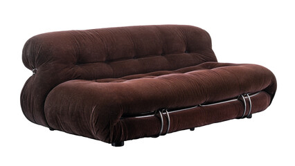 Brown fabric two-seater sofa with chromed steel trim, 1970s. Isolated on a white background.