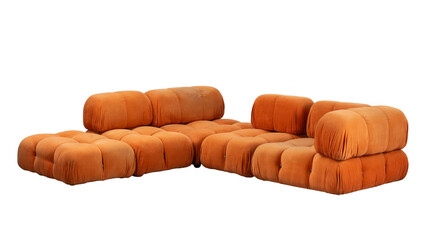 Modern sofa, ochre fabric upholstery. Isolated on a white background.