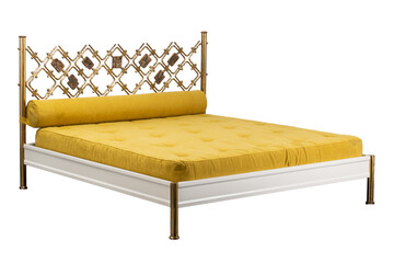 Double bed, white lacquered metal frame and brass headboard. Isolated on a white background.