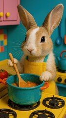 Cute rabbit cooking soup