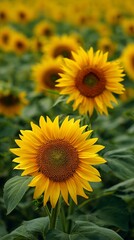 Fototapeta premium Vibrant sunflowers bloom in a lush field, their golden petals radiating warmth and life against a backdrop of rich green leaves and blurred yellow blossoms.
