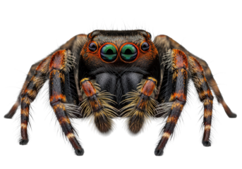 Extreme macro view of a phidippus jumping spider, black and iridescent orange hairs, intense obsidian eyes, and ruby-red chelicerae, isolated on a transparent background, concept of natural
