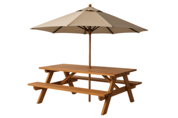 Wooden picnic table with umbrella isolated on transparent background