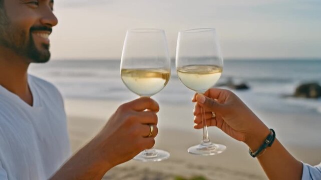 Couple hands hold wine glasses cheering by ocean coast. People celebrate vacation with white.