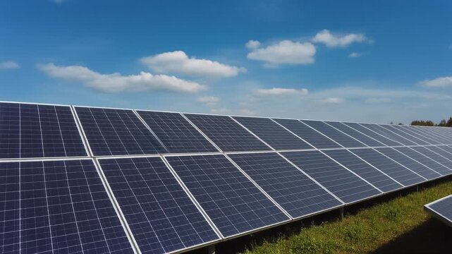 panels. Sunny blue sky with clouds above large solar farm. Sustainable energy and farming 