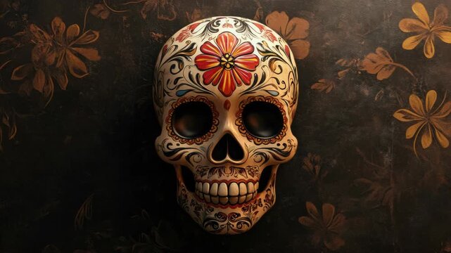 The skull is decorated with colorful flowers and leaf patterns on its surface. The background has a vintage feel with additional floral and botanical designs.