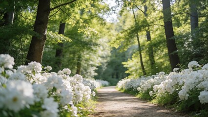 Fototapeta premium Forest path with white flowers