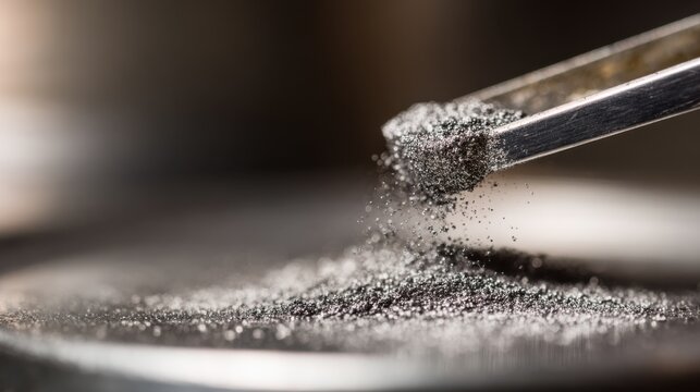 Focused medium shot of titanium metal powder being carefully layered for casting a partial denture framework with soft tools in a shallow depth of field.