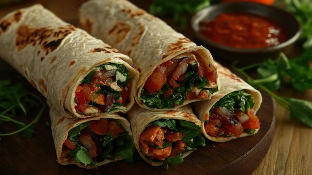 Colorful burrito wraps filled with fresh ingredients and herbs, served on wooden table.