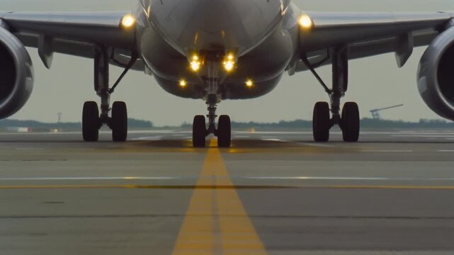 Airplane landing gear touches down on airport runway. Front wheels of aircraft on tarmac