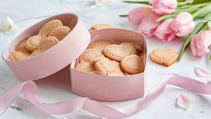 A pink heart-shaped cookie gift box is open revealing delicate cookies, with pink tulips placed nearby, perfect for celebrations