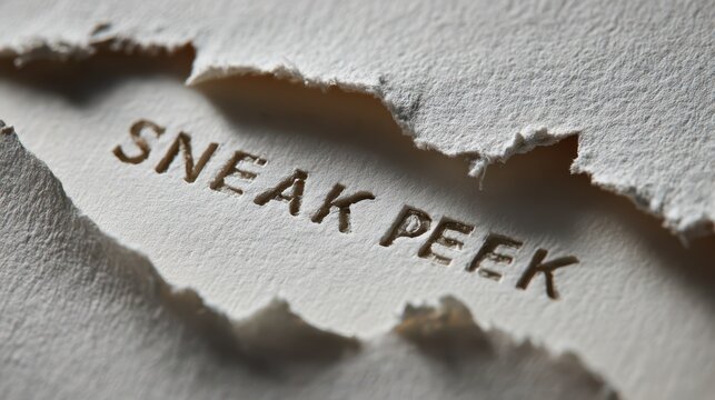 Close-up photograph of torn paper revealing the bold word SNEAK PEEK beneath a hidden layer
