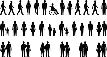 People silhouettes set, human figures collection, walking standing family icons, diversity gender age disability wheelchair symbols, minimal black pictogram illustration