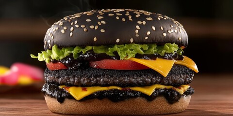 This enticing black burger captivates with its sesame bun, layers of cheese, lettuce, and tomatoes, served in Japan