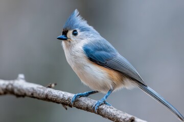 Close-up portrait of a tufted titmouse perched on a slender branch against a clean neutral background