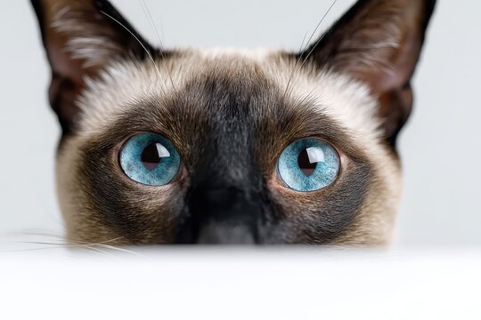 Close-up portrait of a Siamese cat with blue eyes peeking over a white edge - Powered by Adobe