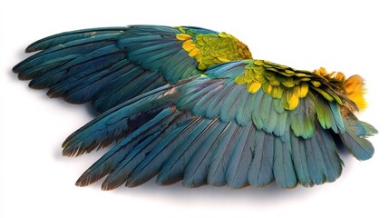 Close-up shot of parrot wings on white background, vibrant feather colors