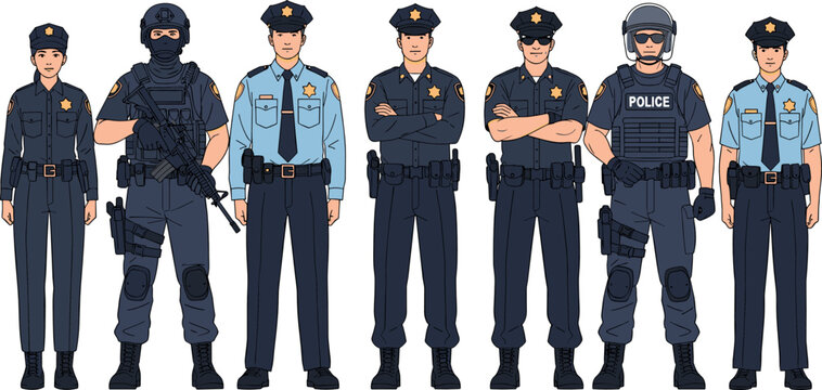 Police officers vector set with law enforcement men and women in uniform representing security, authority and public safety in flat illustration style isolated on white background