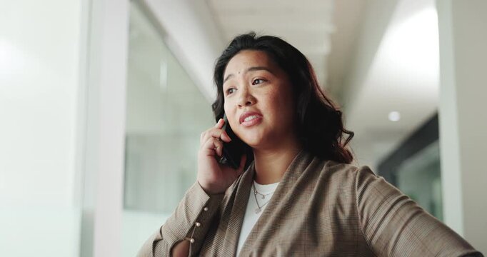 Business, woman and phone call discussion at workplace for trial negotiation, litigation and attorney for civil lawsuit. Communication, legal contact or Asian counsel with mobile chat at law firm