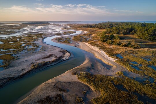 Coastal estuary winding through salt marsh on a barrier island coastline