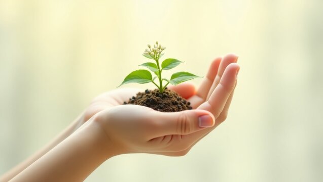 Unas manos acunan una peque&ntilde;a y tierna planta, cuyas hojas son de un verde vibrante