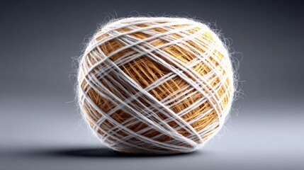 Ball of thread featuring a blend of golden and white fibers, captured in ultra-photorealistic detail with softbox lighting, showcasing intricate textures against a clean minimal background with copy s