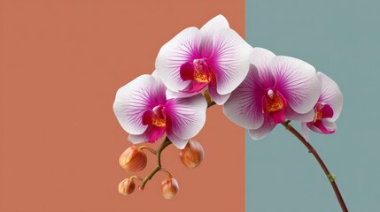 Obraz premium Geometric orchid flat illustration art with vibrant pink and white flowers against a contrasting background, showcasing minimalist design and clear lines with copy space for text