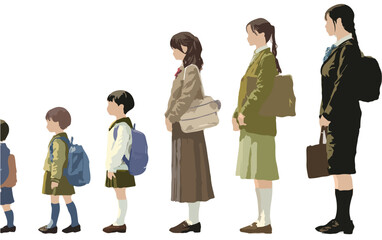 Fototapeta premium 다양한 연령대의 여성들이 교복을 입고 나란히 서서 성장 과정을 보여주는 일러스트레이션