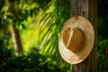 Handmade sun hat crafted from palm leaf hangs on rustic wooden post in bright outdoor setting with lush green foliage and natural light