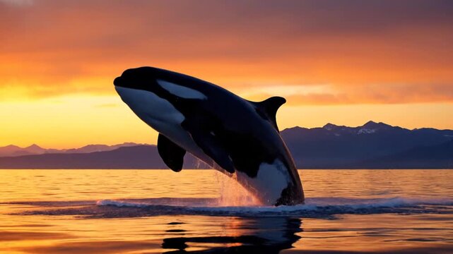 Dramatic sunset scene with a jumping orca whale above the calm ocean surface at twilight.