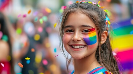 A cheerful young girl with rainbow face paint smiles brightly while colorful confetti surrounds her during a lively pride celebration
