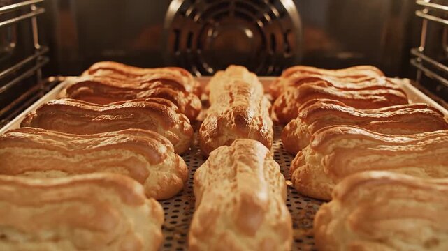 Time-lapse of French Eclairs Pastry Rising and Browning in the Oven