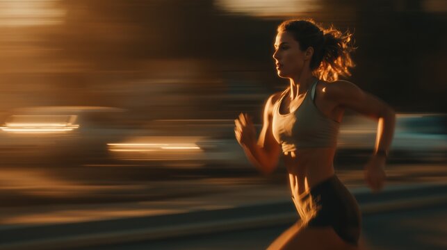 Energetic woman running with speed and determination during an urban sunset, creating motion blur with copy space