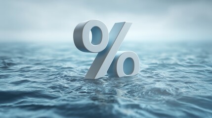 Percentage Symbol in the Water: A striking 3D rendered percentage symbol floats atop a vast expanse of water, symbolizing concepts like financial uncertainty and market fluctuations.