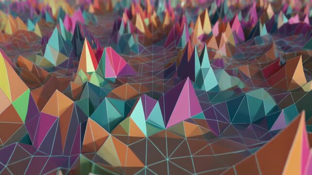 Abstract low poly terrain displays a vibrant, colorful geometric landscape with sharp peaks .