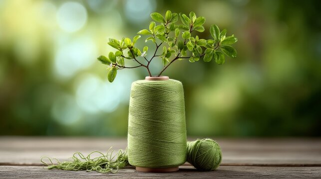 Green spool of thread with delicate threads unwinding, transforming into vibrant leaves and branches, placed on a wooden surface with a blurred natural background and soft lighting