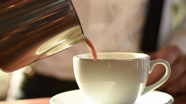 Pouring warm coffee into a white ceramic mug