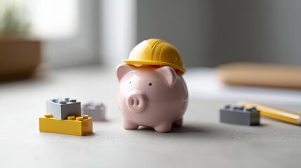 Piggy bank wearing a yellow safety helmet surrounded by construction toy bricks represents saving money for building or buying a house, expenses, or mortgage