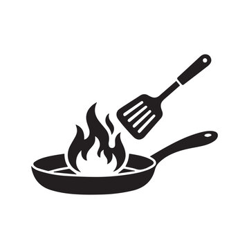 Cooking frying pan with fire flame and spatula icon vector silhouette
