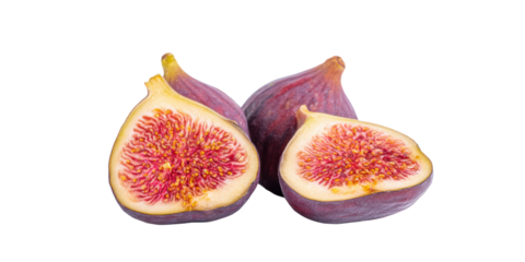 Fresh Ripe Purple Figs with a Whole Fruit Cut in Half to Show the Delicious Red Pulp and Seeds Set Against a Transparent Background.