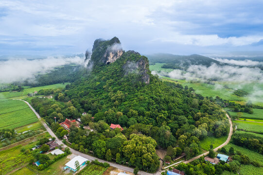 Beautiful buddhist temple on high mountain in Nong Bua Lamphu province Thailand, Erawan Cave Temple.
